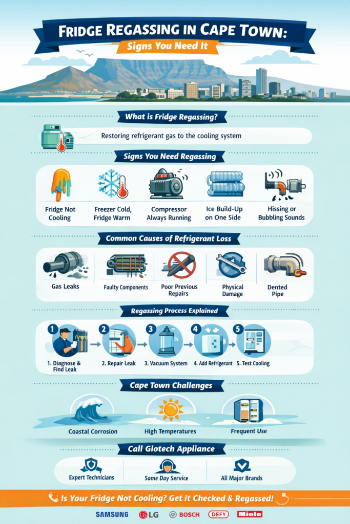 Fridge regassing in Cape Town infographic showing signs of low refrigerant, causes of gas leaks and regassing process steps