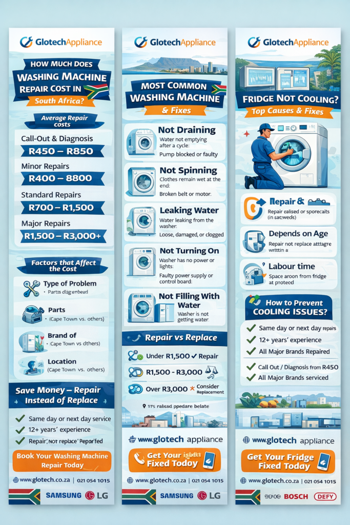 Washing machine repair cost South Africa infographic showing pricing ranges, common problems and repair vs replacement guide