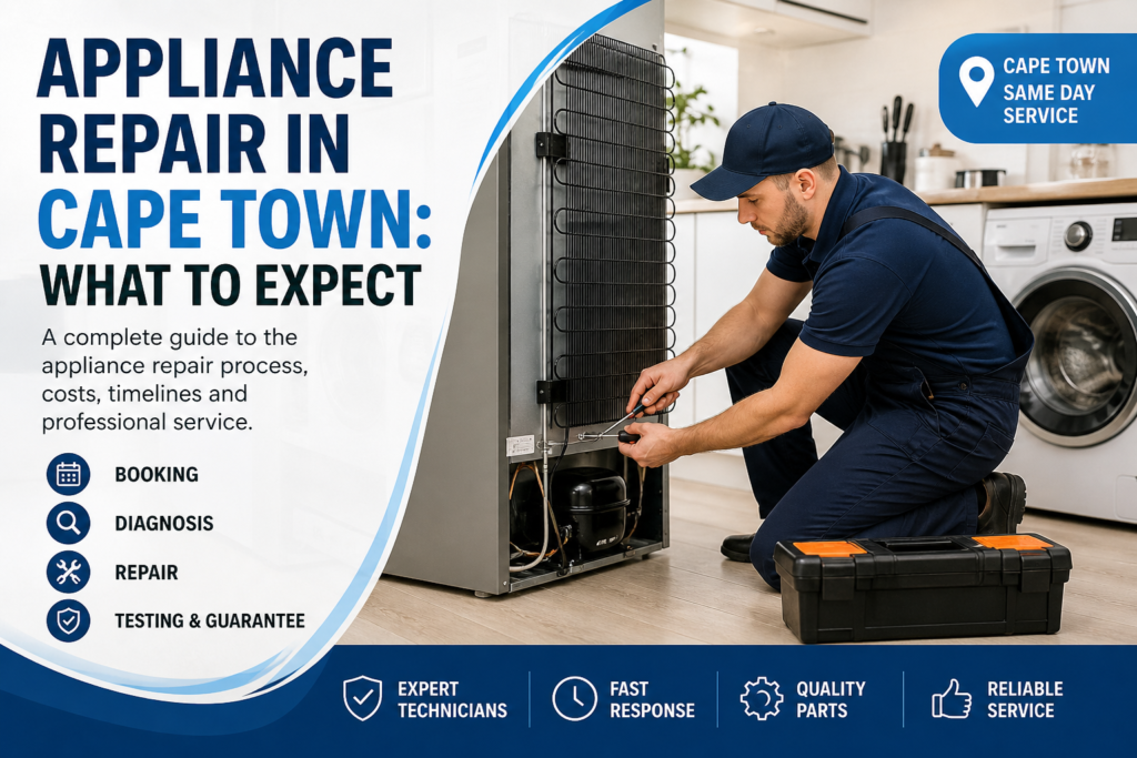 Appliance repair technician in Cape Town fixing fridge with same day service