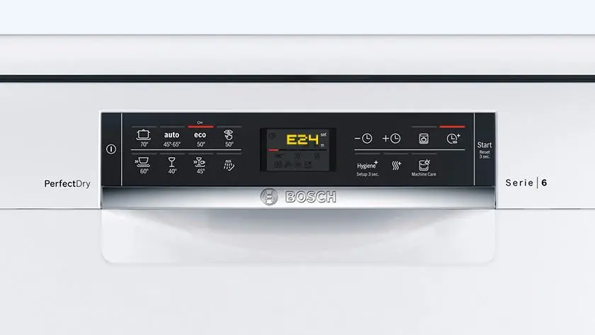 Bosch dishwasher showing E24 error code on control panel indicating drainage problem