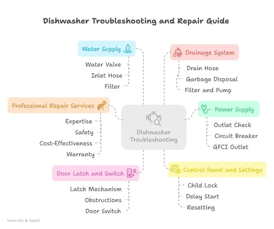 Dishwasher troubleshooting guide infographic showing water supply drainage system power supply and control panel checks
