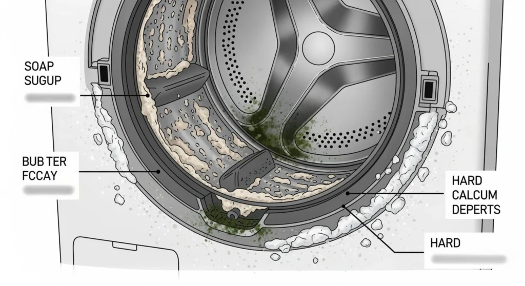 Washing machine door seal buildup showing soap residue mold and limescale deposits inside front loader drum