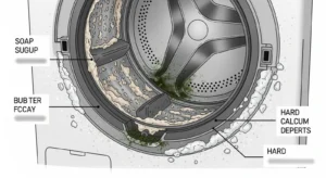 Washing machine door seal buildup showing soap residue mold and limescale deposits inside front loader drum